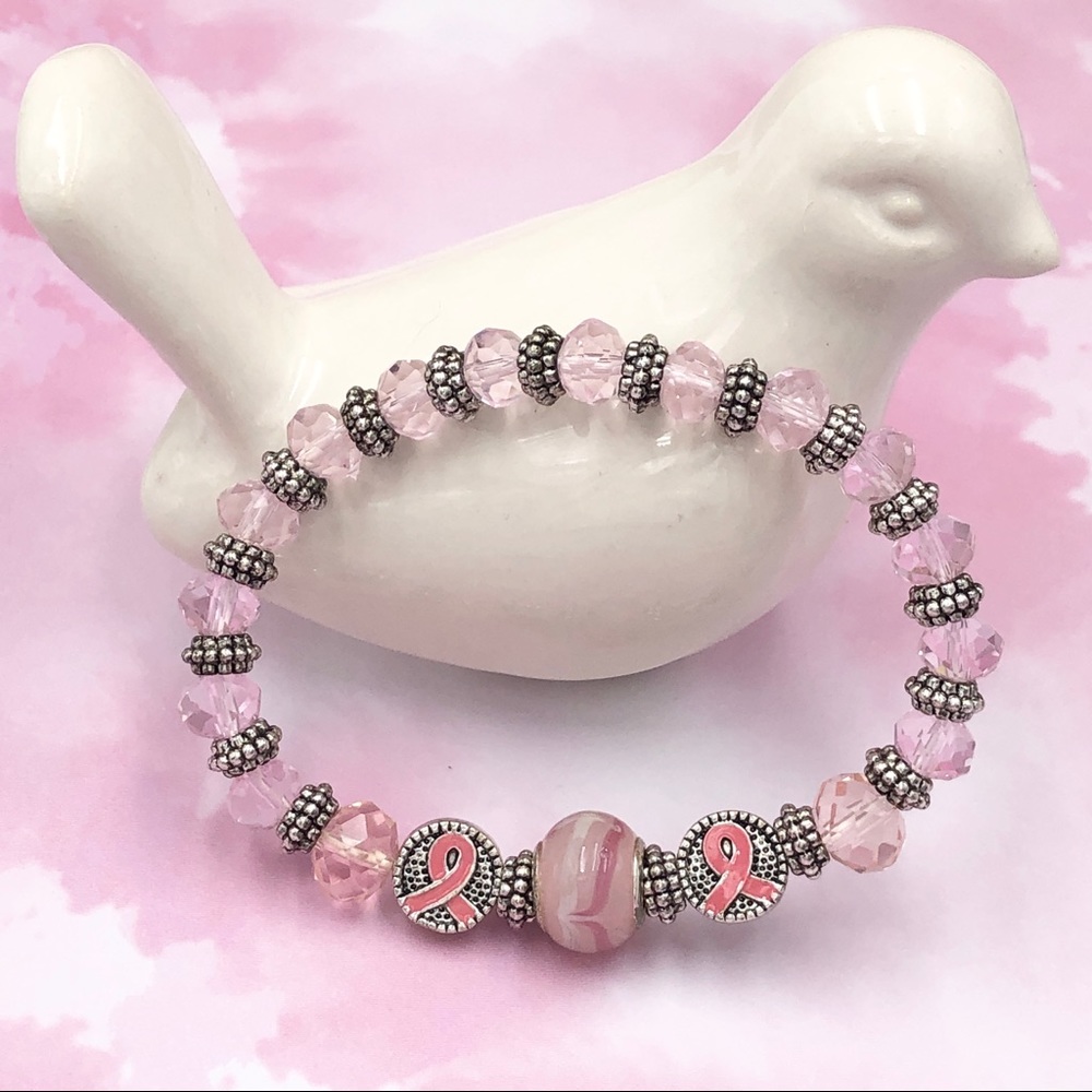 🌼 Pink Ribbon Glass Bead Breast Cancer Stretch Bracelet